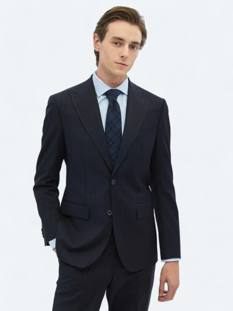 Navy Blue Striped Modern Fit Wool Blended Suit - 3
