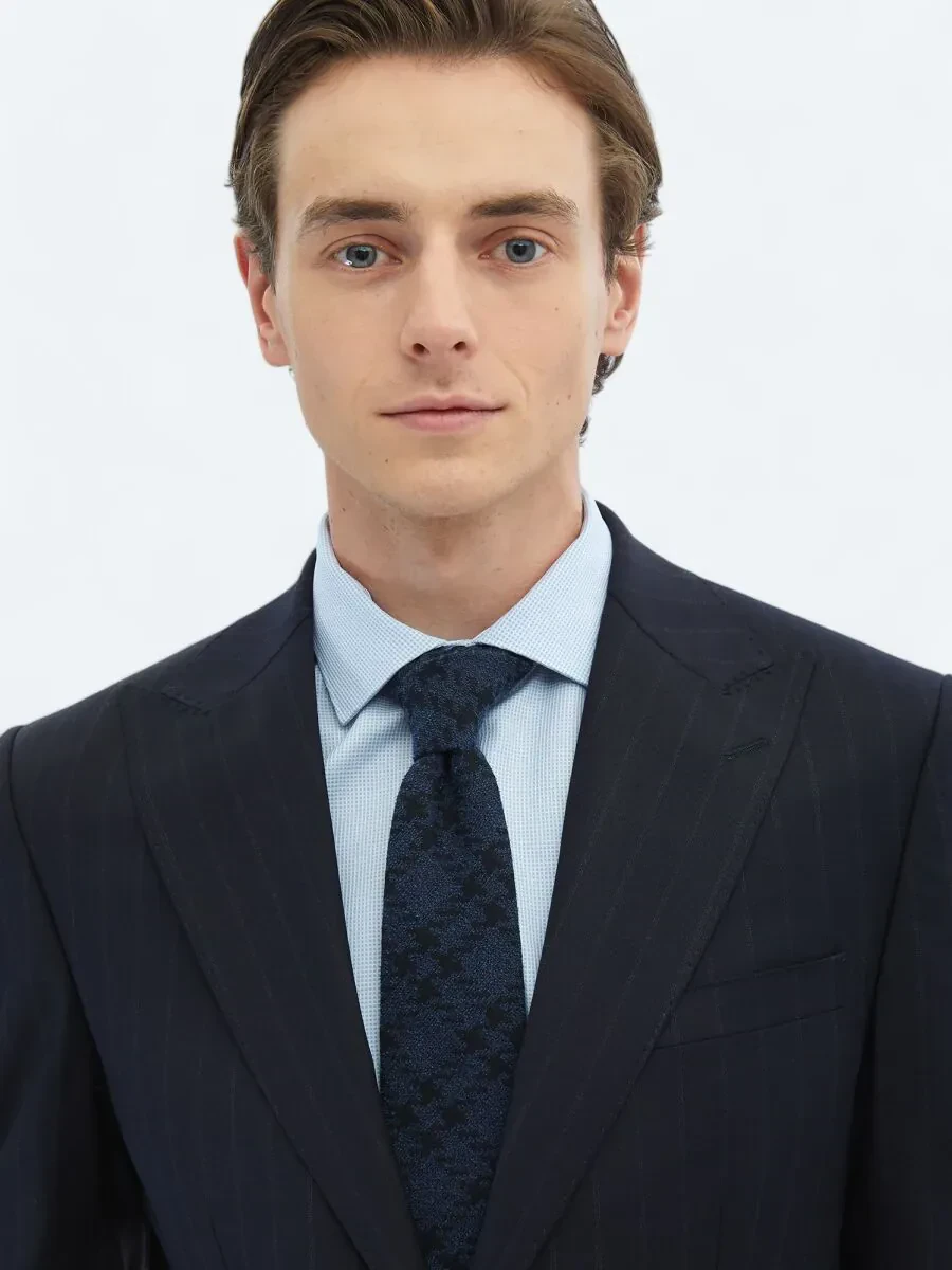 Navy Blue Striped Modern Fit Wool Blended Suit - 4
