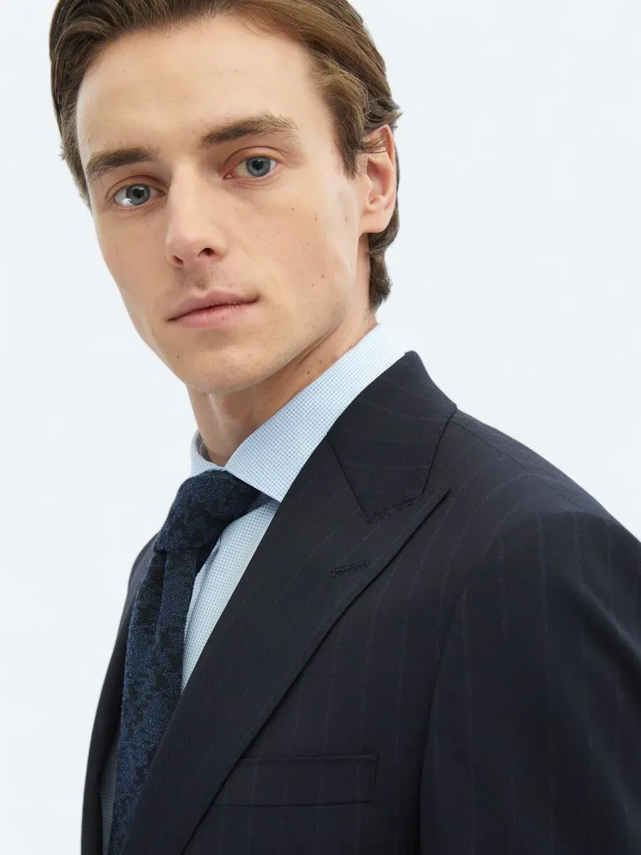 Navy Blue Striped Modern Fit Wool Blended Suit - 5