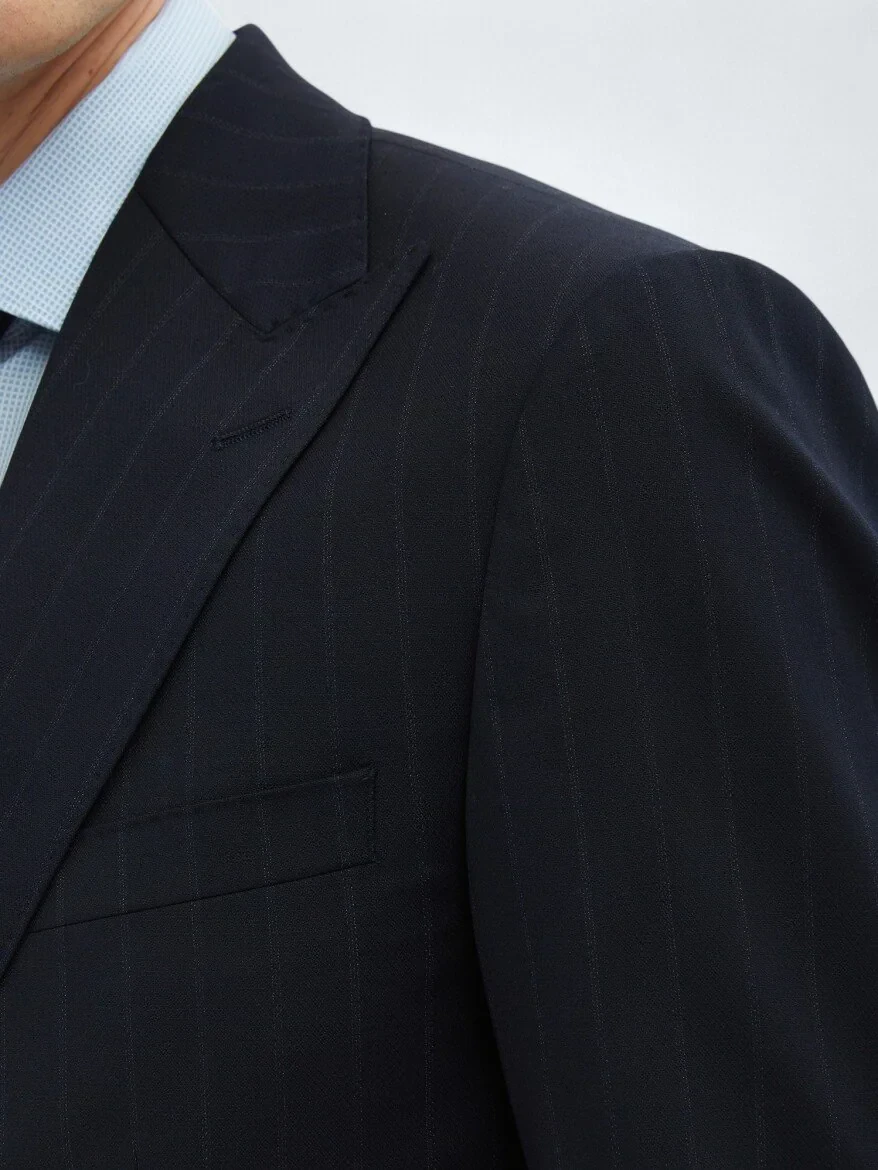 Navy Blue Striped Modern Fit Wool Blended Suit - 6