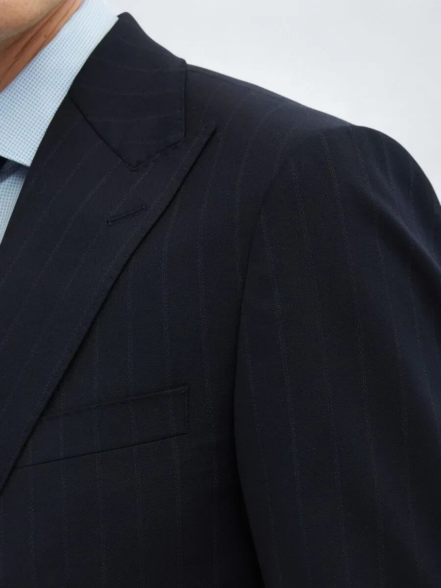 Navy Blue Striped Modern Fit Wool Blended Suit - 6