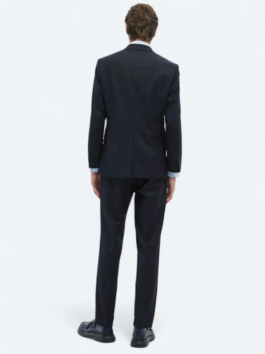 Navy Blue Striped Modern Fit Wool Blended Suit - 7