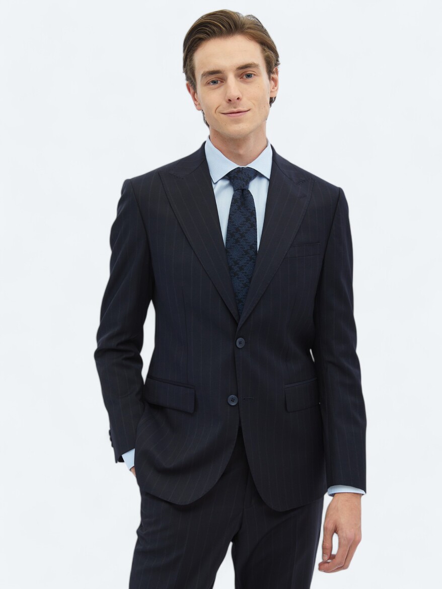 Navy Blue Striped Modern Fit Wool Blended Suit 