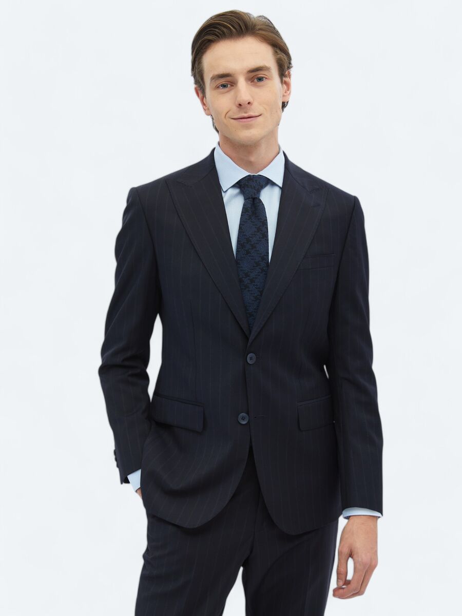 Navy Blue Striped Modern Fit Wool Blended Suit - 1