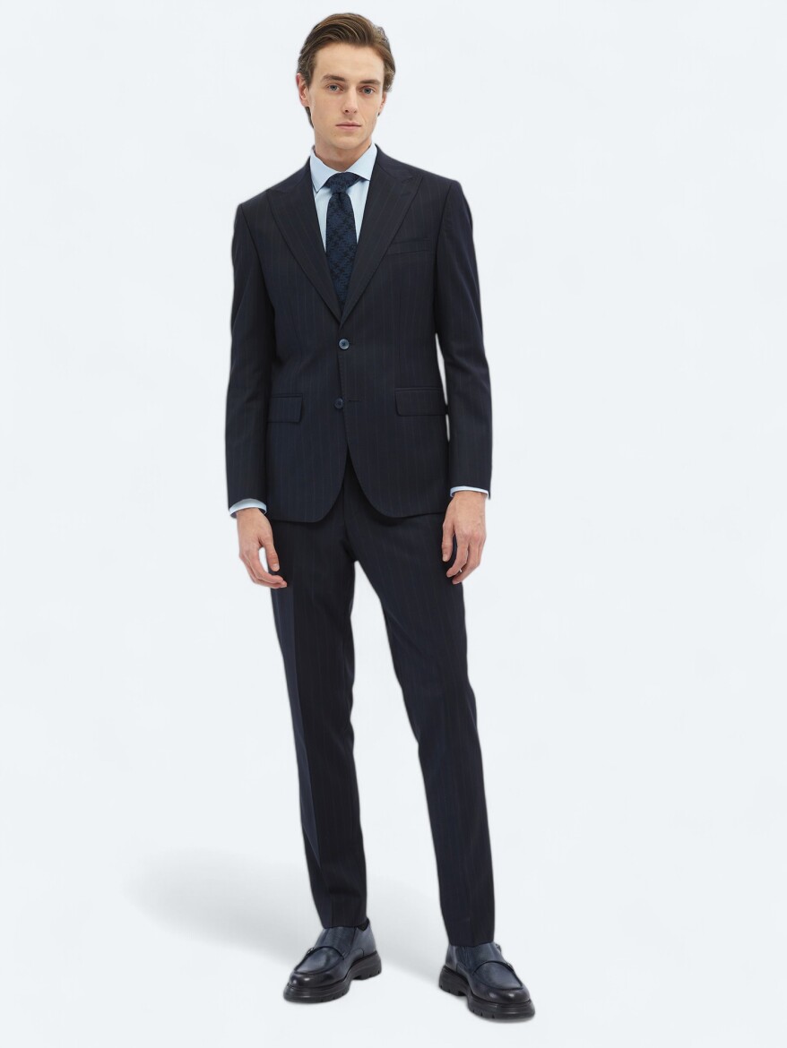 Navy Blue Striped Modern Fit Wool Blended Suit - 2