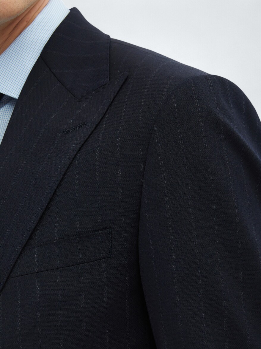 Navy Blue Striped Modern Fit Wool Blended Suit - 6