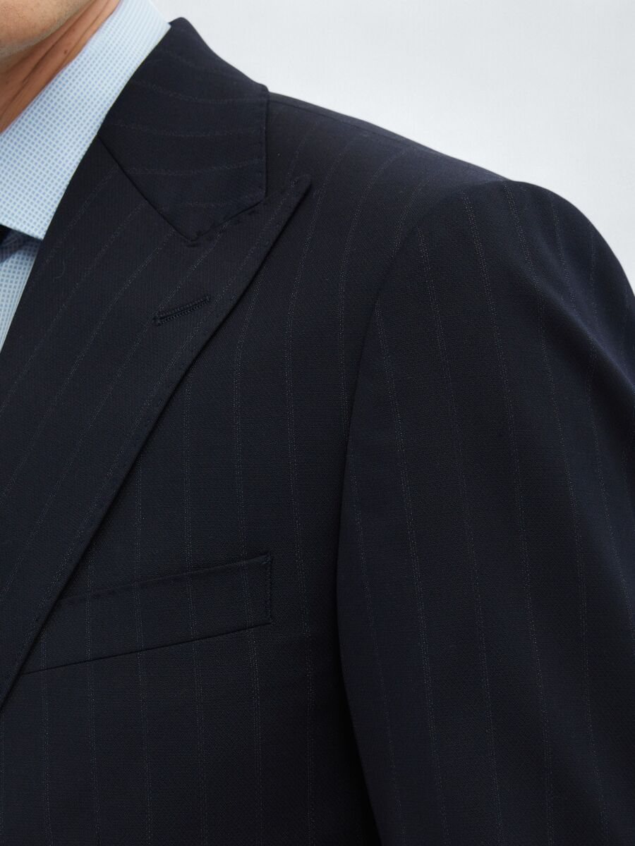 Navy Blue Striped Modern Fit Wool Blended Suit - 6