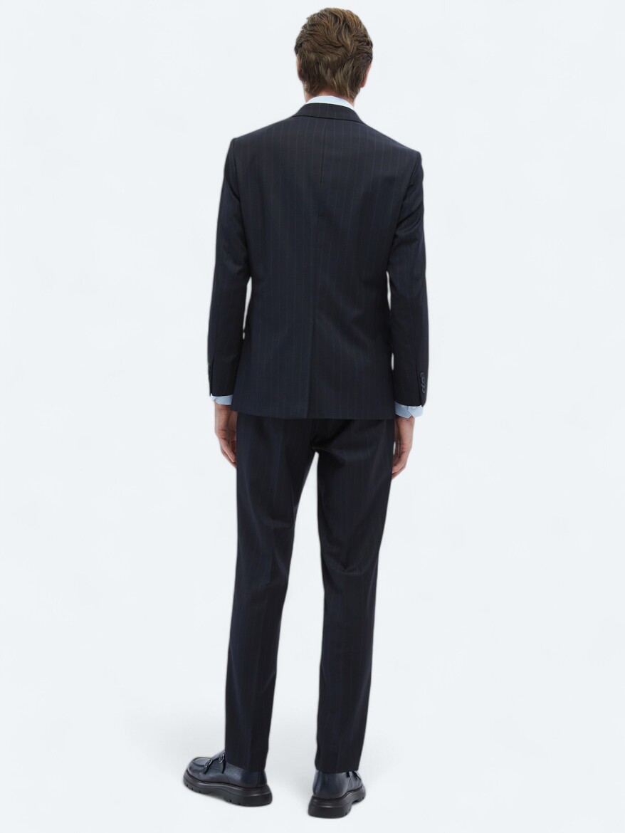 Navy Blue Striped Modern Fit Wool Blended Suit - 7