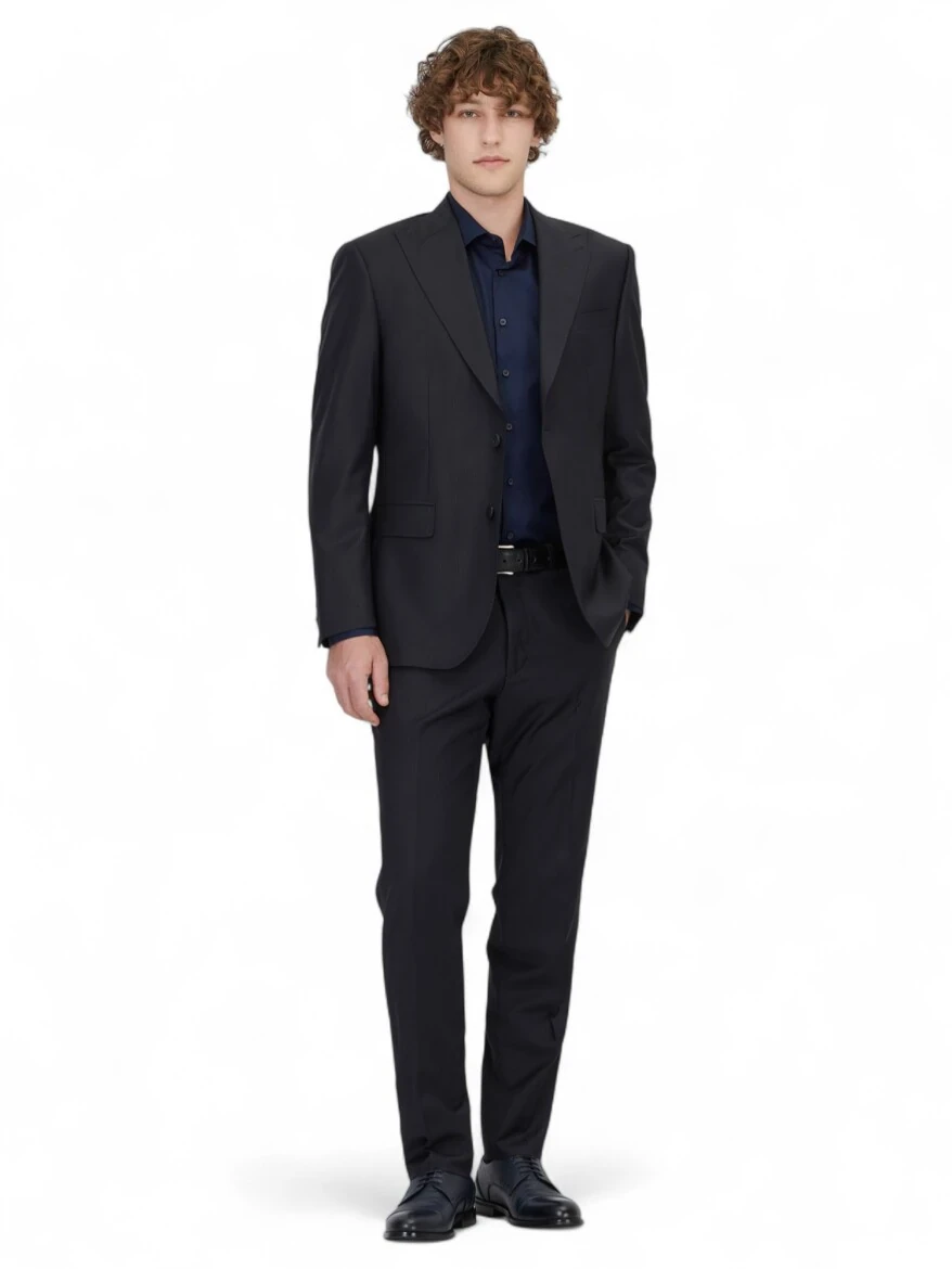 Navy Blue Striped Modern Fit Wool Blended Suit - 2