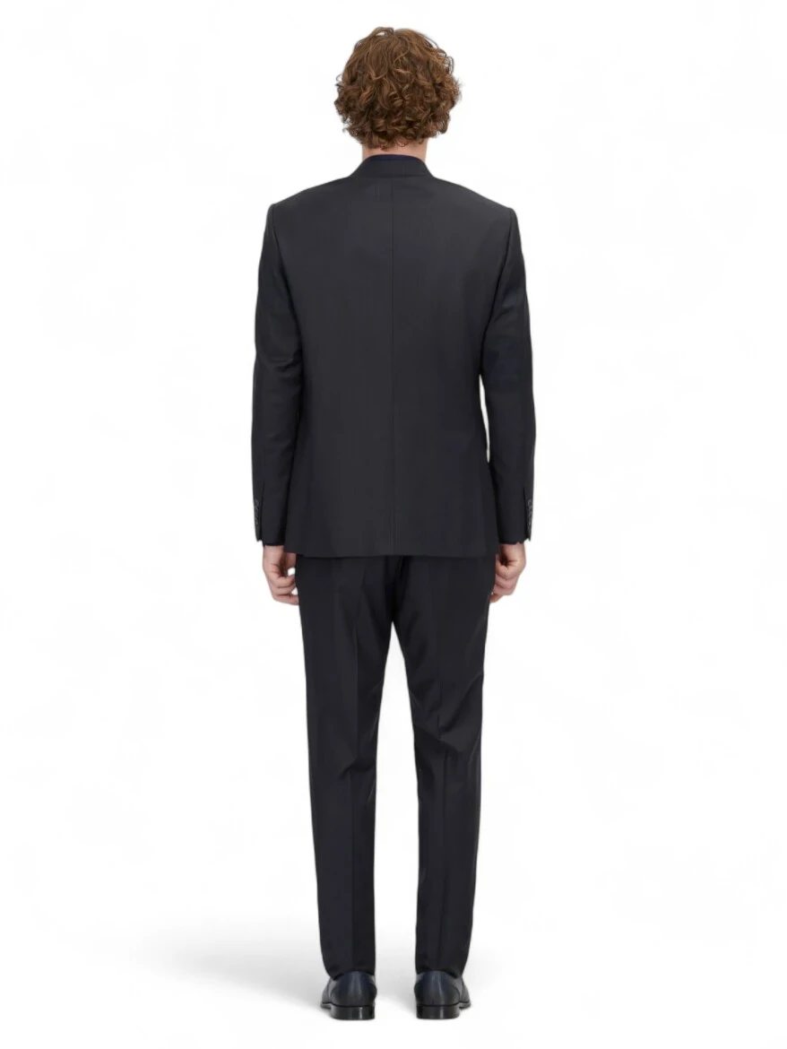 Navy Blue Striped Modern Fit Wool Blended Suit - 5