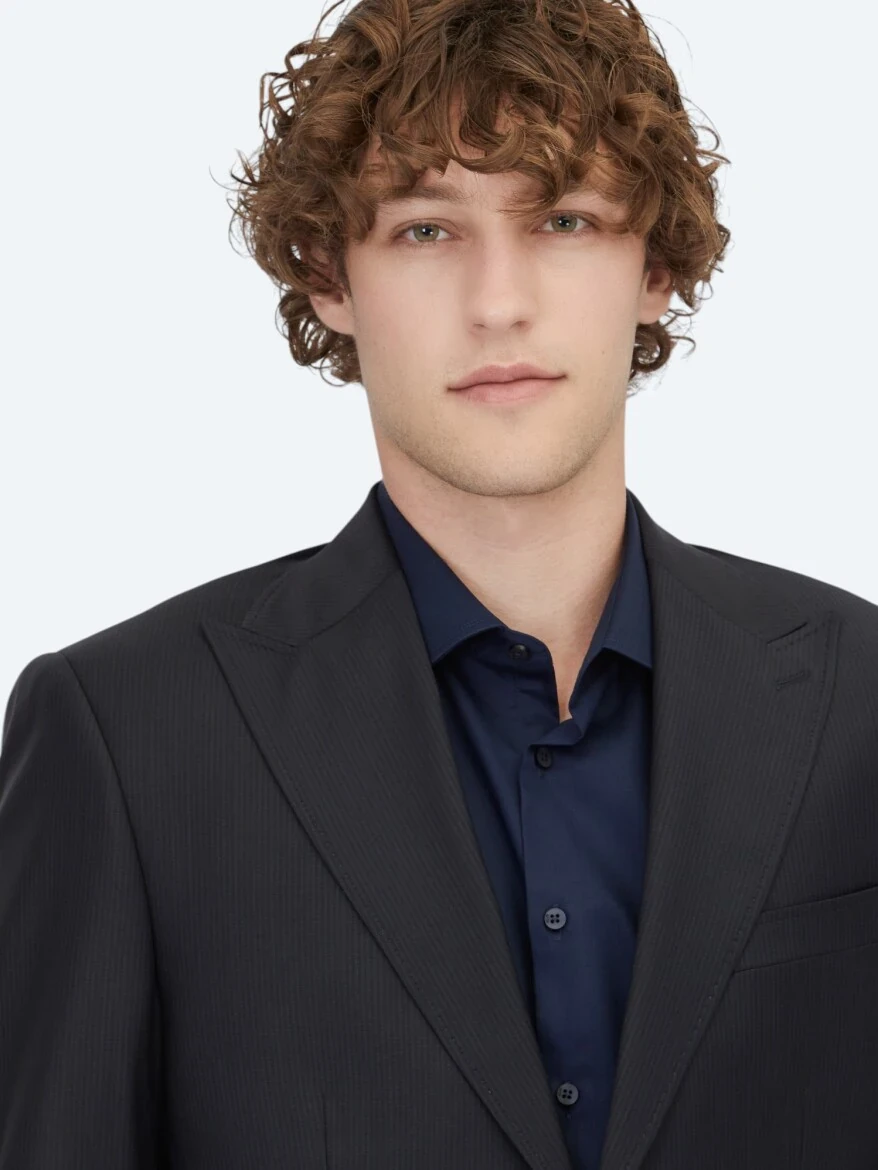 Navy Blue Striped Modern Fit Wool Blended Suit - 3