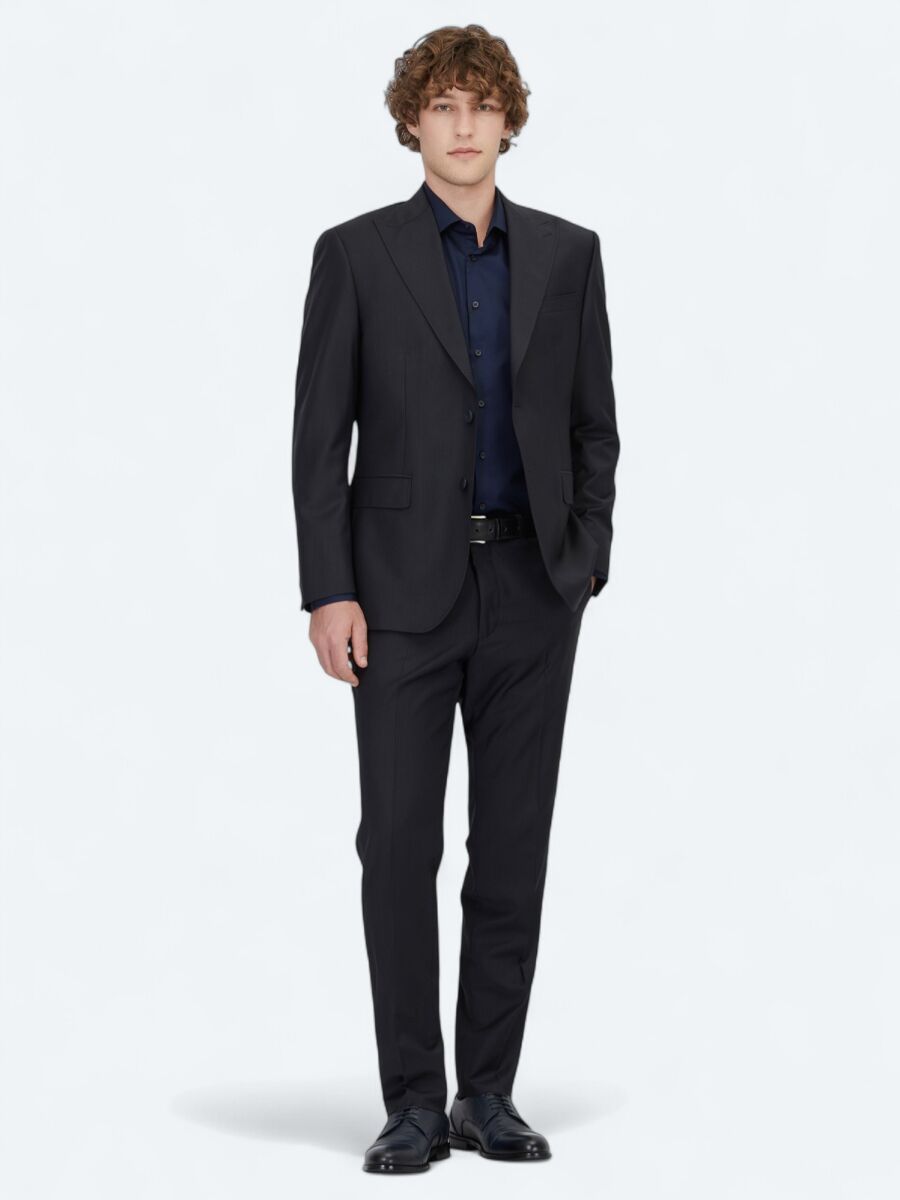 Navy Blue Striped Modern Fit Wool Blended Suit - 2