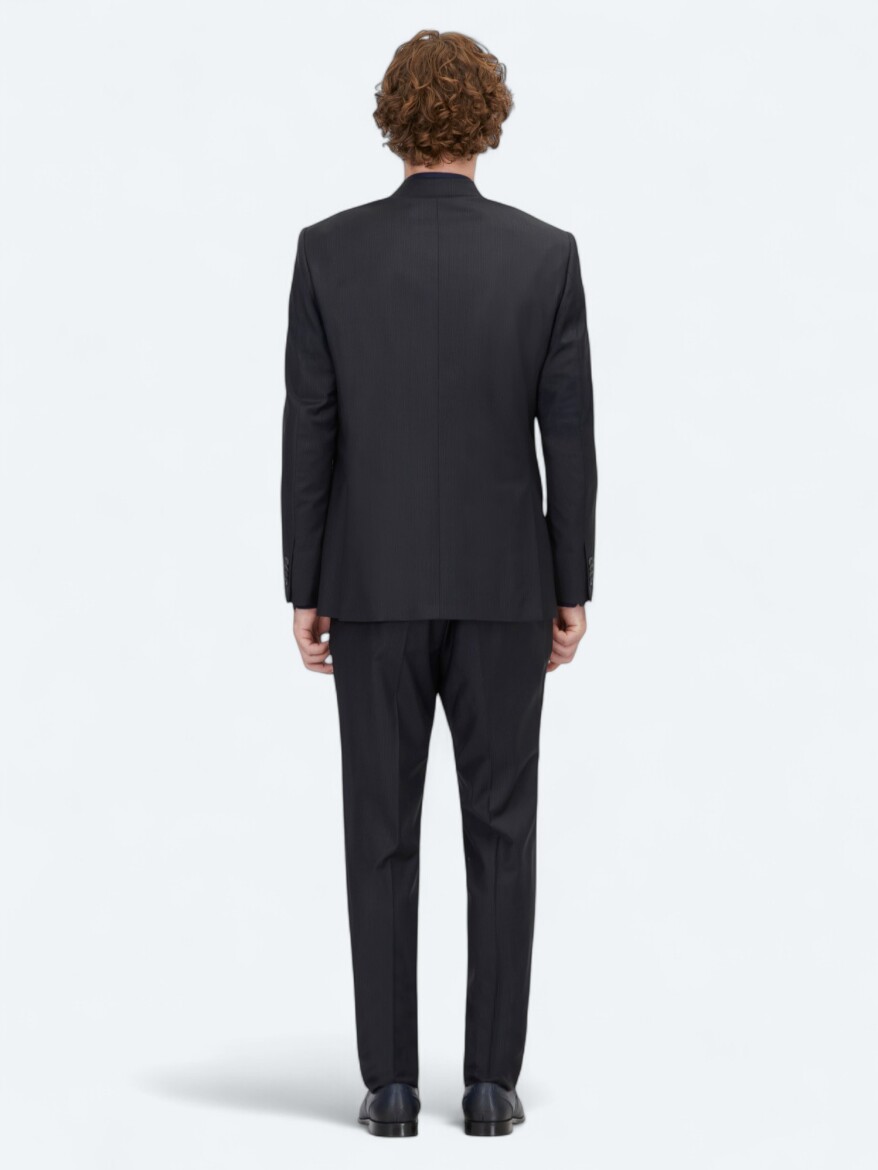 Navy Blue Striped Modern Fit Wool Blended Suit - 5