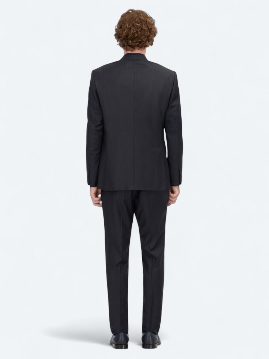 Navy Blue Striped Modern Fit Wool Blended Suit - 5
