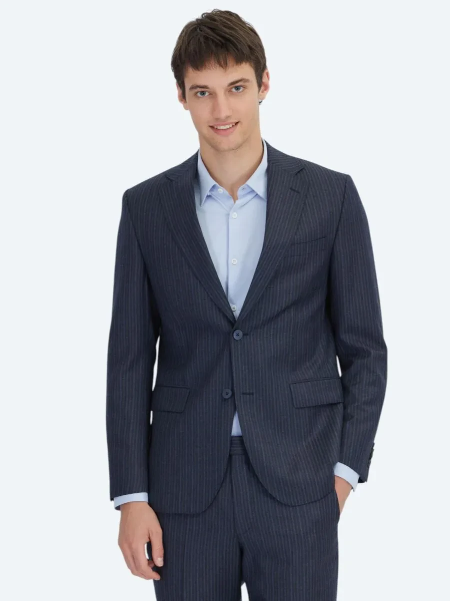 Navy Blue Striped Modern Fit Wool Blended Suit - 1
