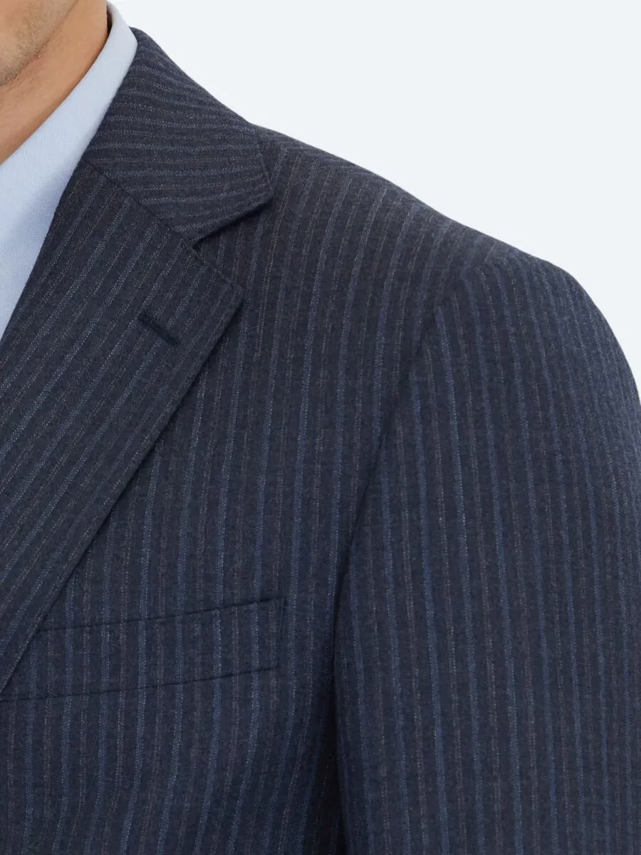 Navy Blue Striped Modern Fit Wool Blended Suit - 5