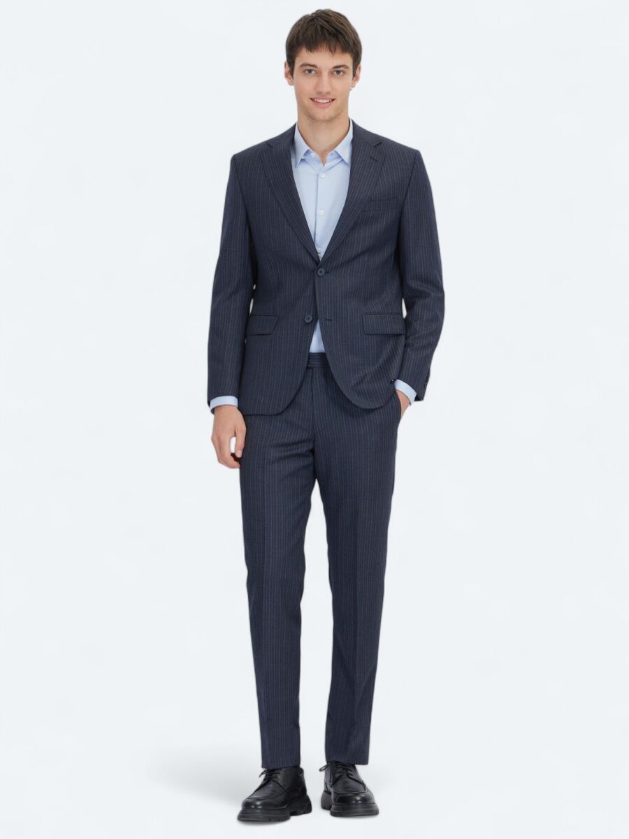 Navy Blue Striped Modern Fit Wool Blended Suit - 2