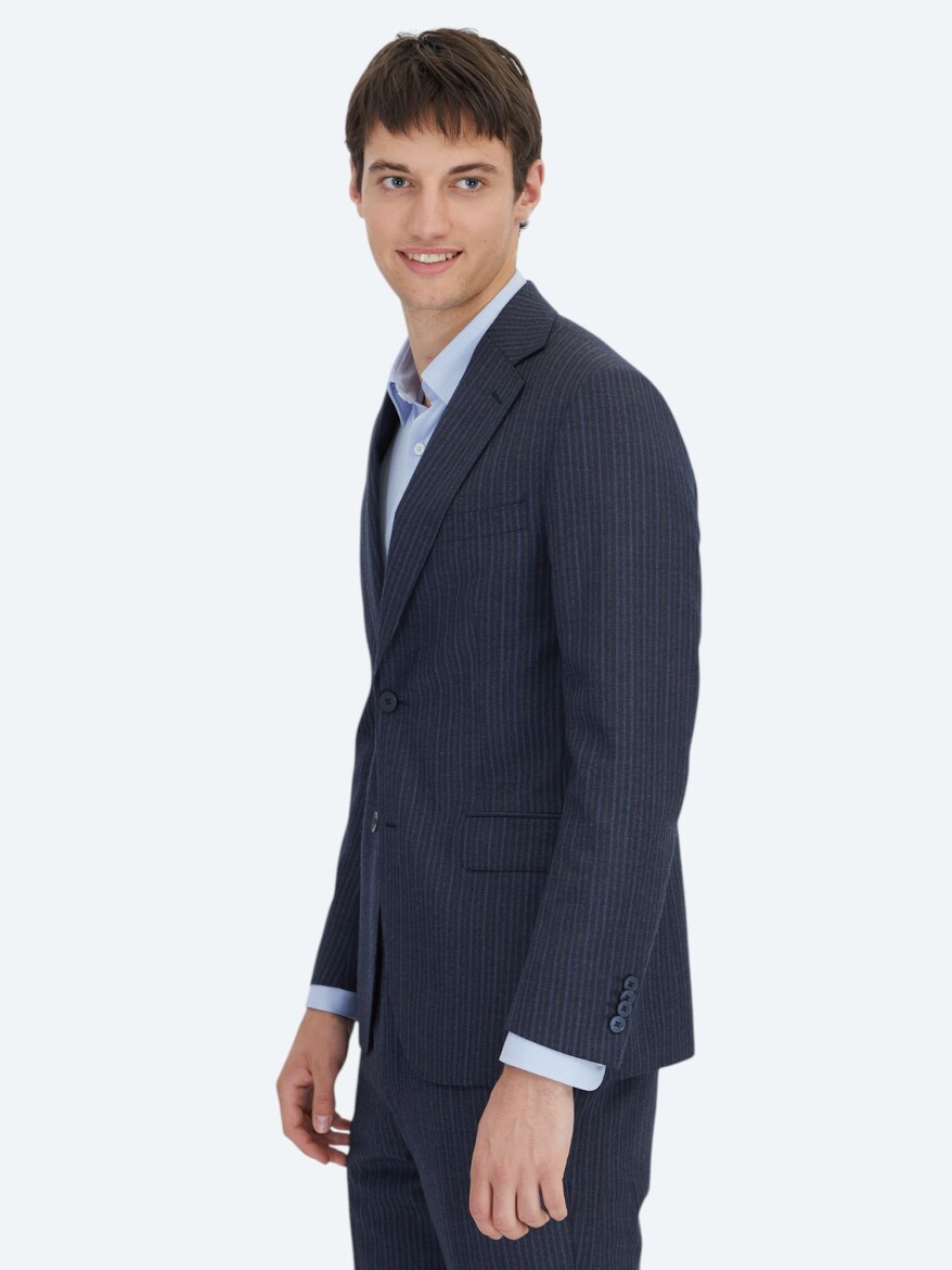 Navy Blue Striped Modern Fit Wool Blended Suit - 3