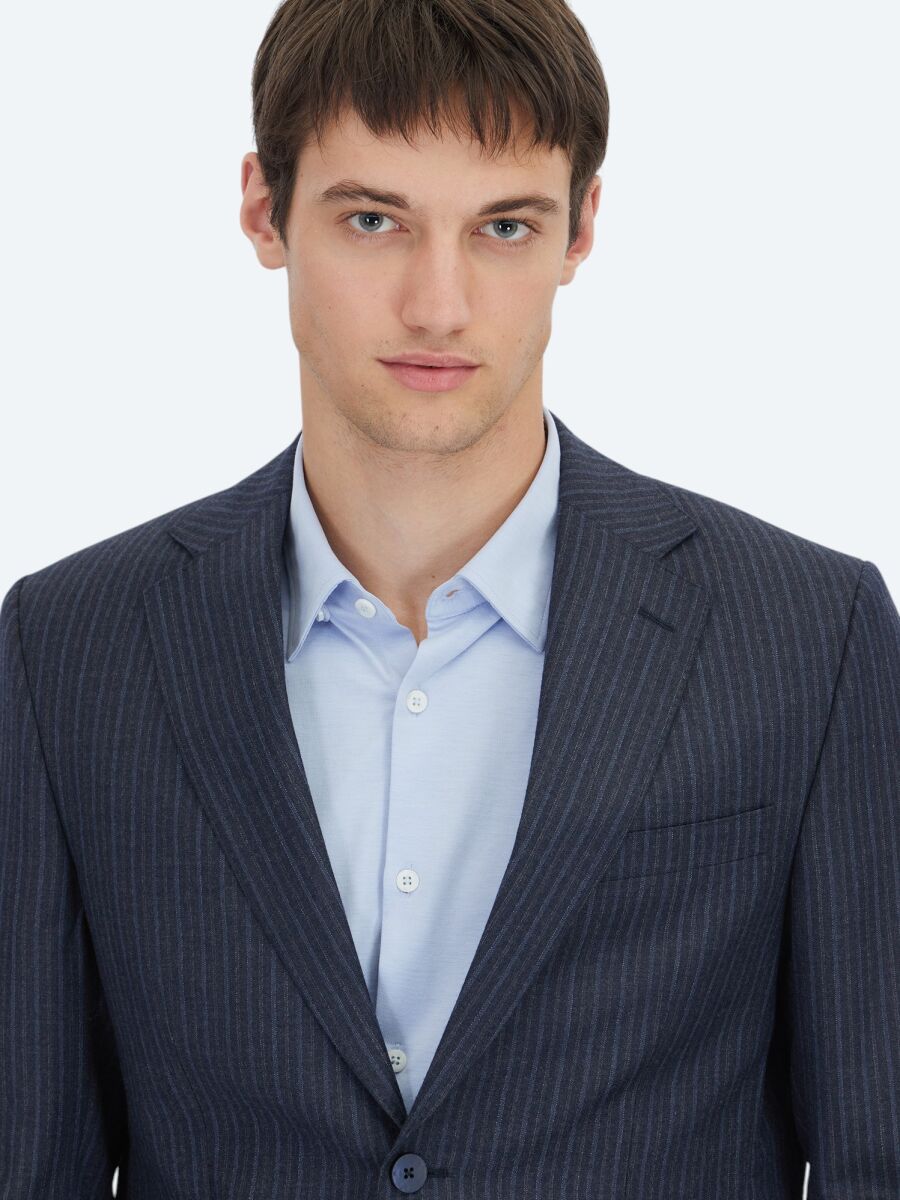 Navy Blue Striped Modern Fit Wool Blended Suit - 4