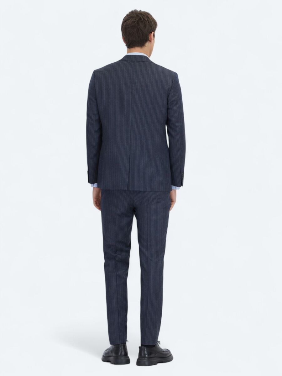 Navy Blue Striped Modern Fit Wool Blended Suit - 6
