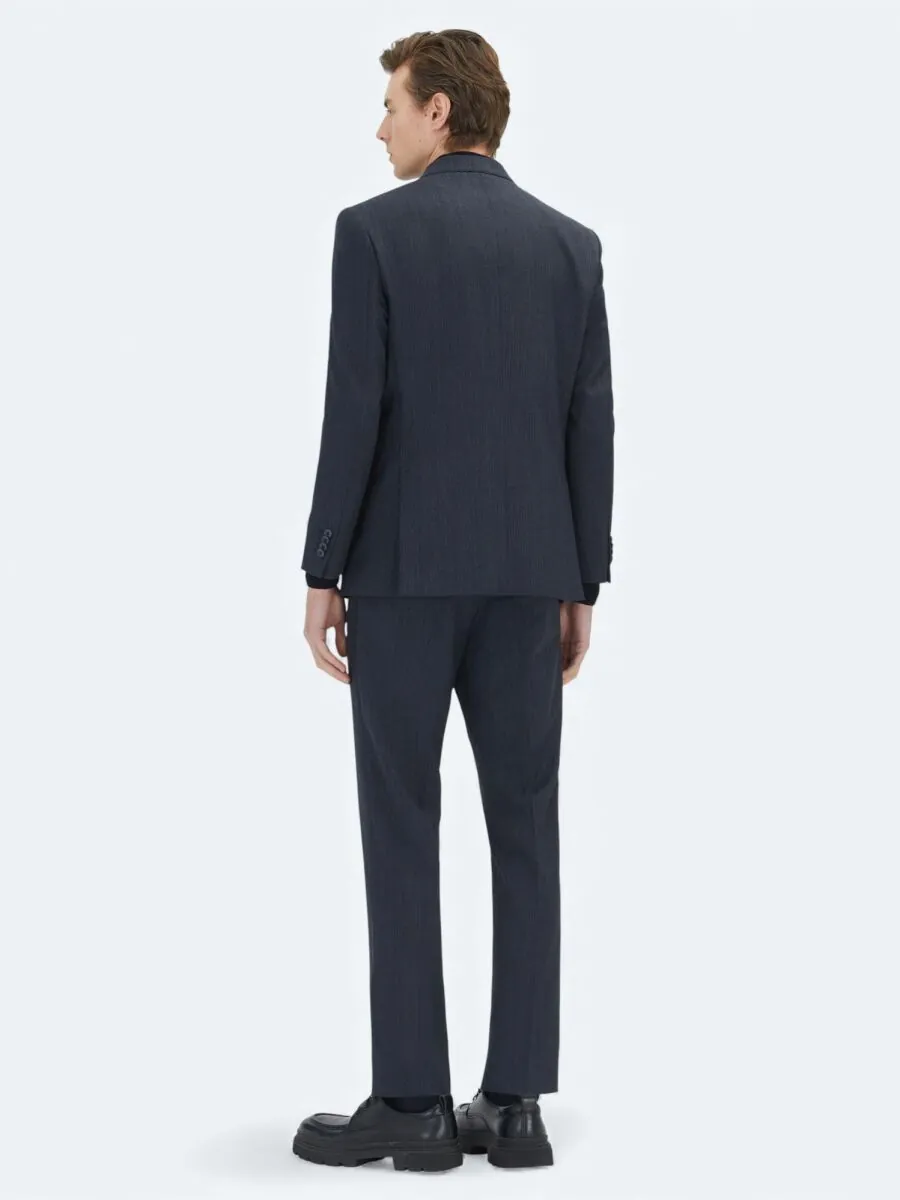 Navy Blue Striped Modern Fit Wool Blended Suit - 7