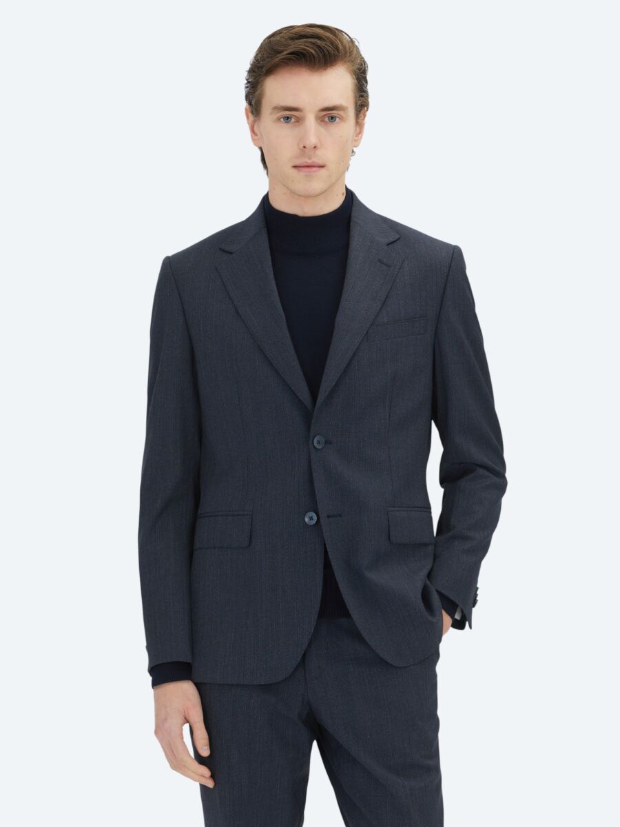 Navy Blue Striped Modern Fit Wool Blended Suit - 1