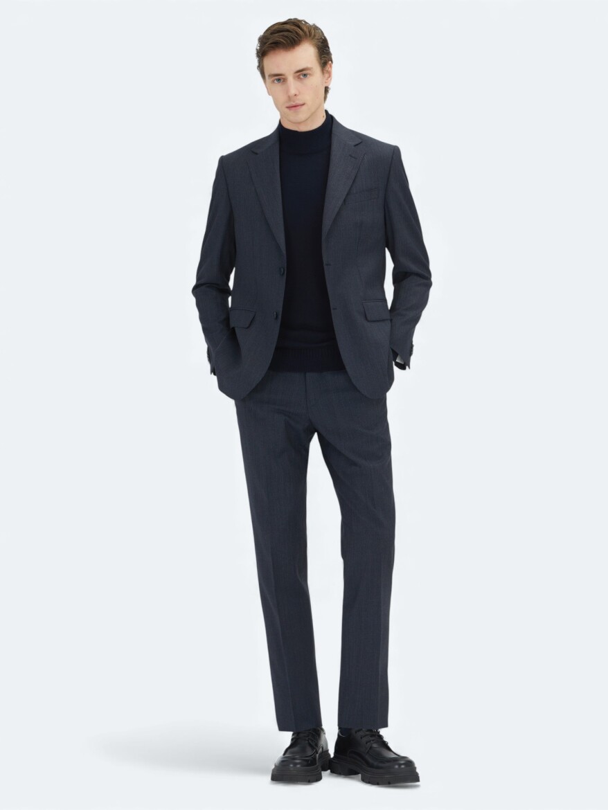 Navy Blue Striped Modern Fit Wool Blended Suit - KİP