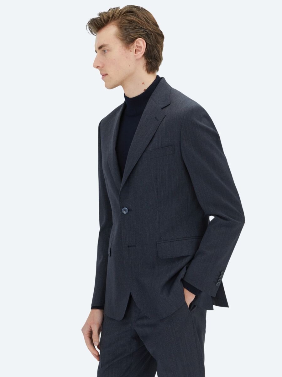 Navy Blue Striped Modern Fit Wool Blended Suit - 3