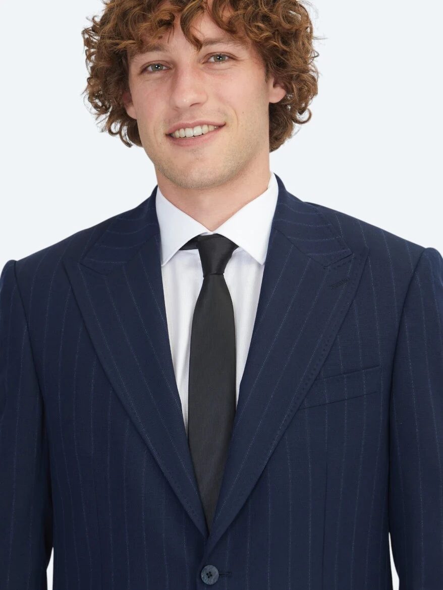 Navy Blue Striped Modern Fit Wool Blended Suit - 3