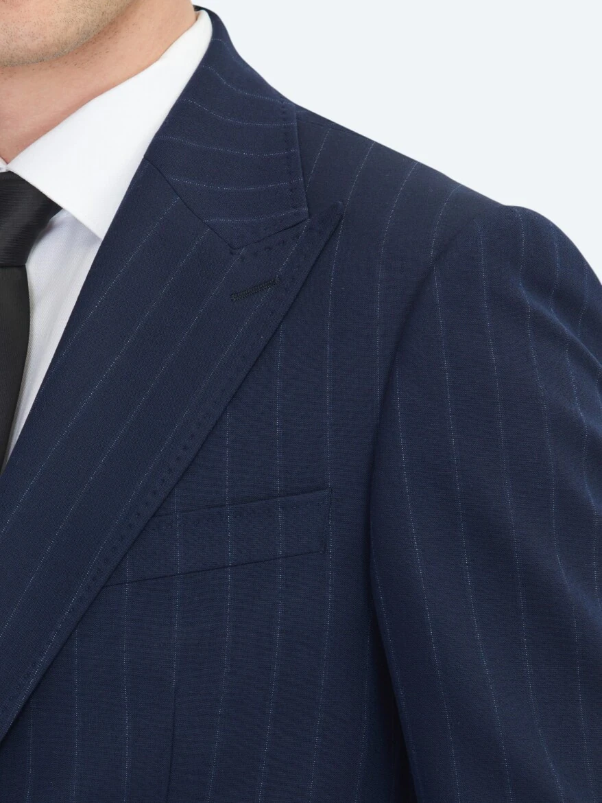 Navy Blue Striped Modern Fit Wool Blended Suit - 4