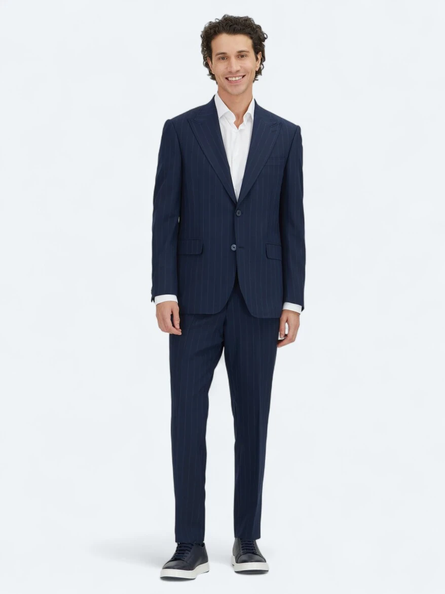 Navy Blue Striped Modern Fit Wool Blended Suit - 2