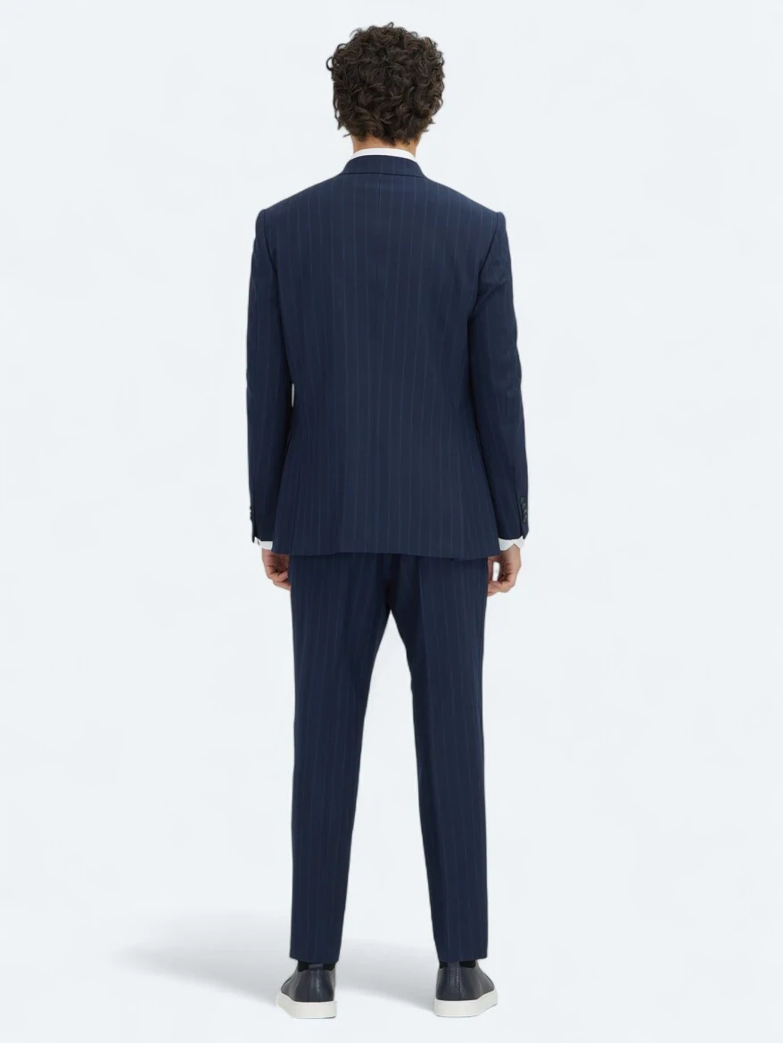 Navy Blue Striped Modern Fit Wool Blended Suit - 5