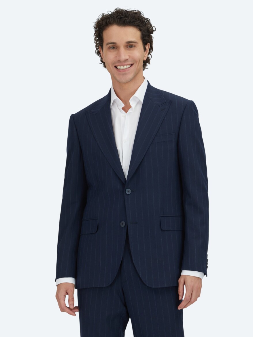Navy Blue Striped Modern Fit Wool Blended Suit - 1