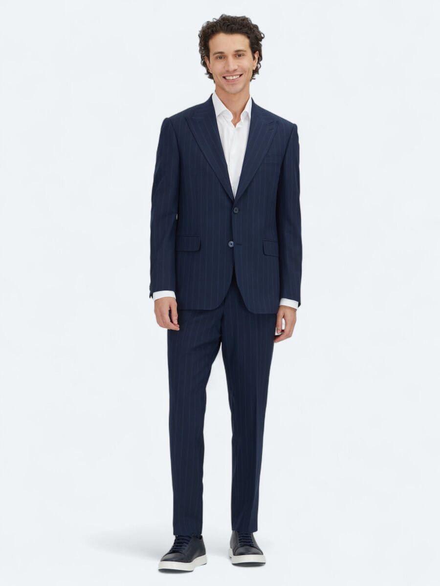 Navy Blue Striped Modern Fit Wool Blended Suit - 2