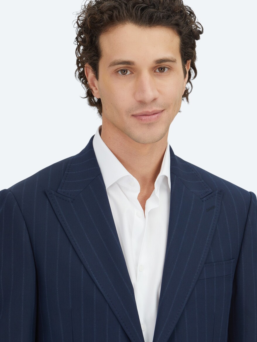 Navy Blue Striped Modern Fit Wool Blended Suit - 3