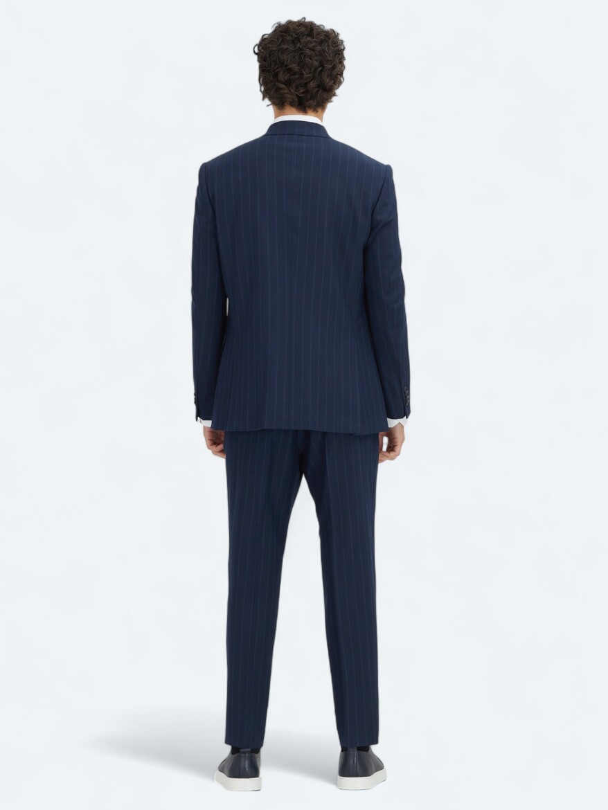 Navy Blue Striped Modern Fit Wool Blended Suit - 5
