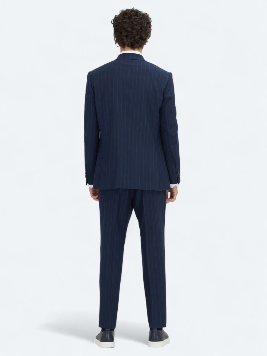 Navy Blue Striped Modern Fit Wool Blended Suit - 5