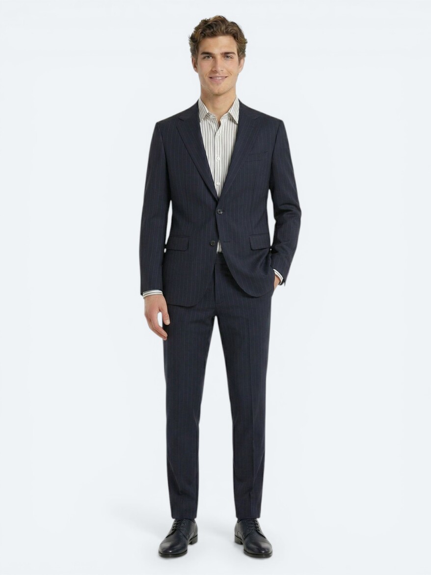 Navy Blue Striped Modern Fit Wool Blended Suit - 1