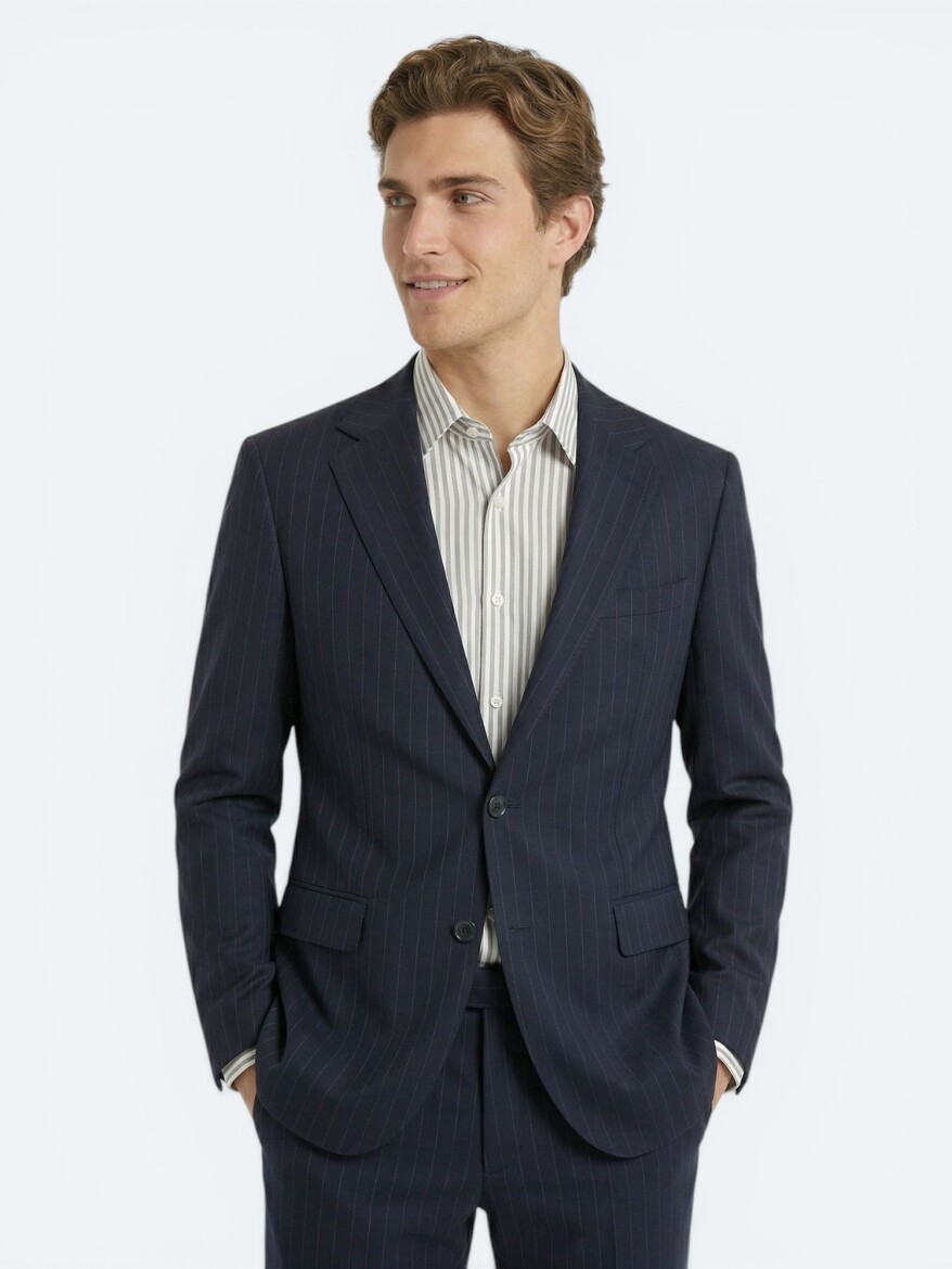 Navy Blue Striped Modern Fit Wool Blended Suit - 2