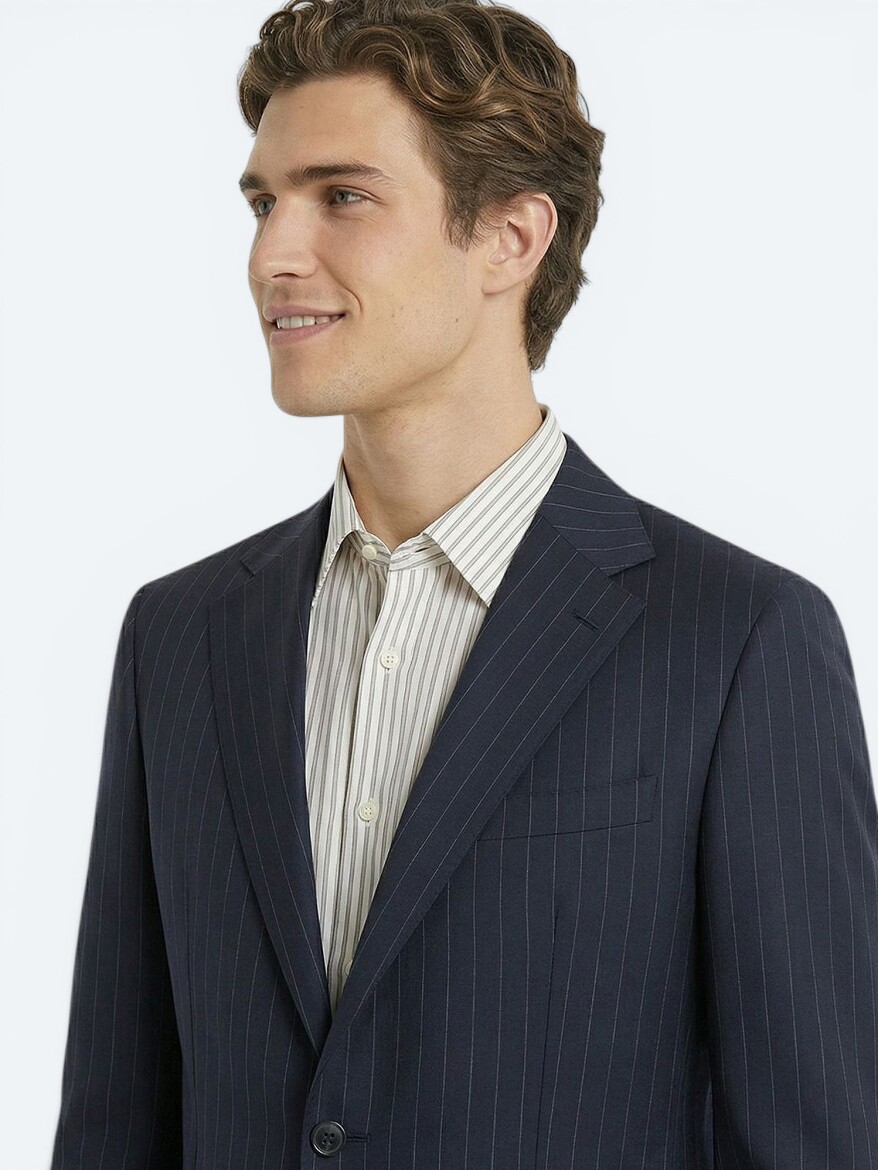 Navy Blue Striped Modern Fit Wool Blended Suit - 3