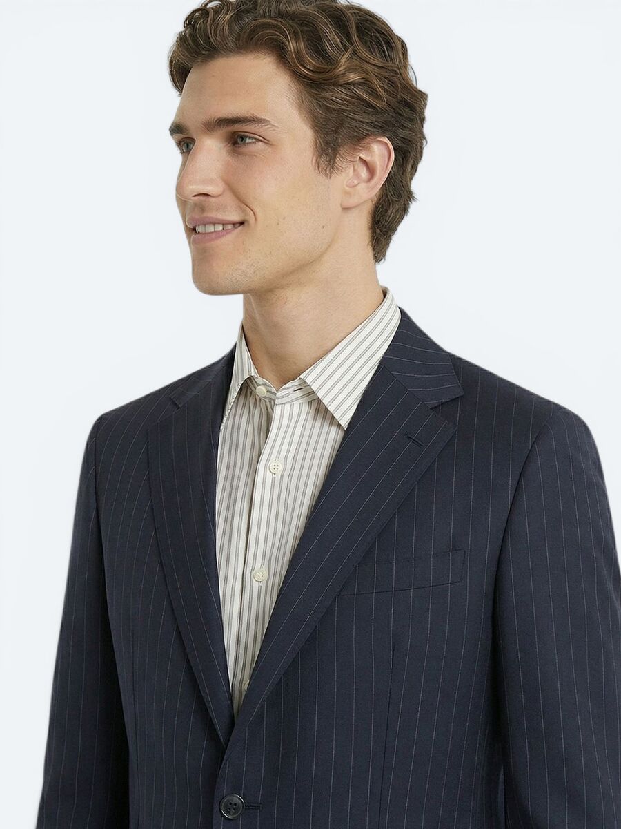 Navy Blue Striped Modern Fit Wool Blended Suit - 3