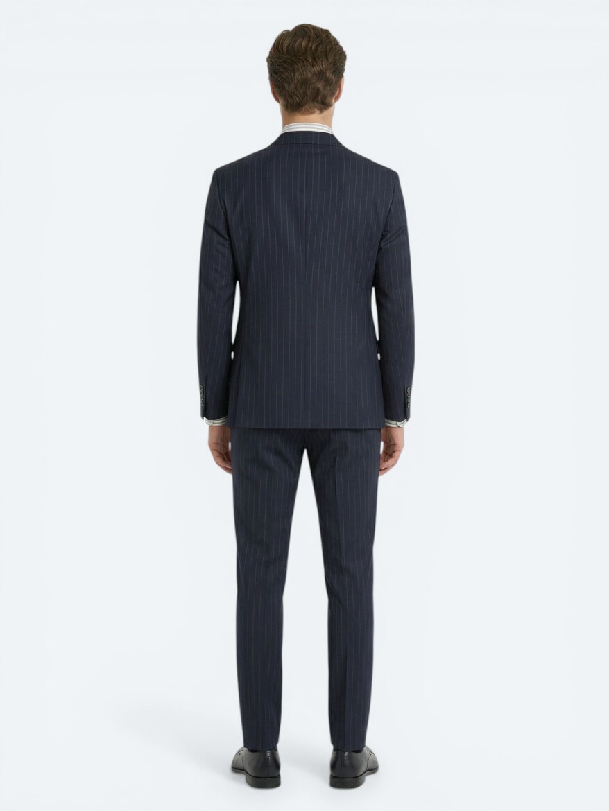 Navy Blue Striped Modern Fit Wool Blended Suit - 5