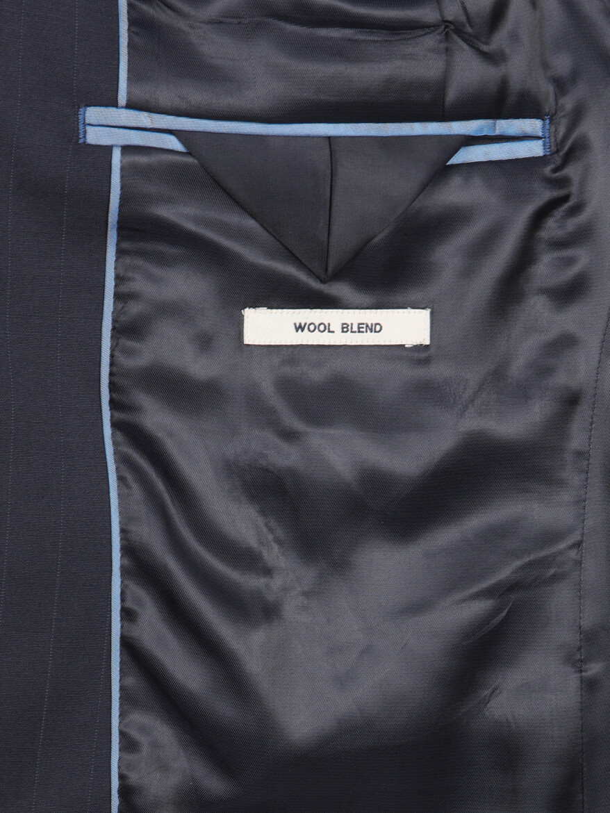 Navy Blue Striped Modern Fit Wool Blended Suit - 6