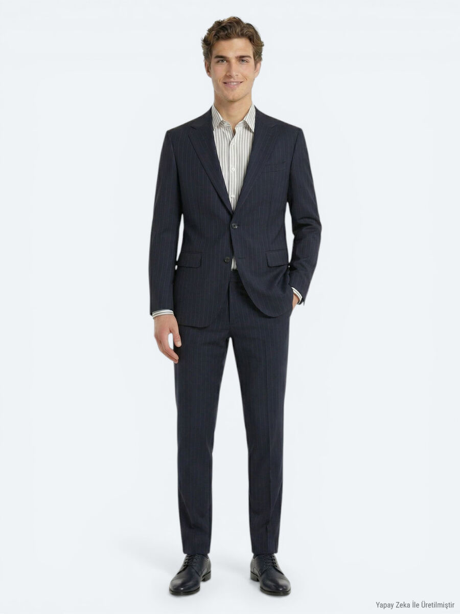 Navy Blue Striped Modern Fit Wool Blended Suit - 1