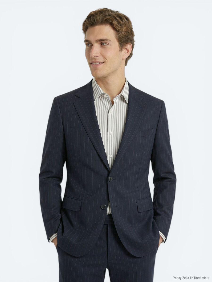 Navy Blue Striped Modern Fit Wool Blended Suit - 2
