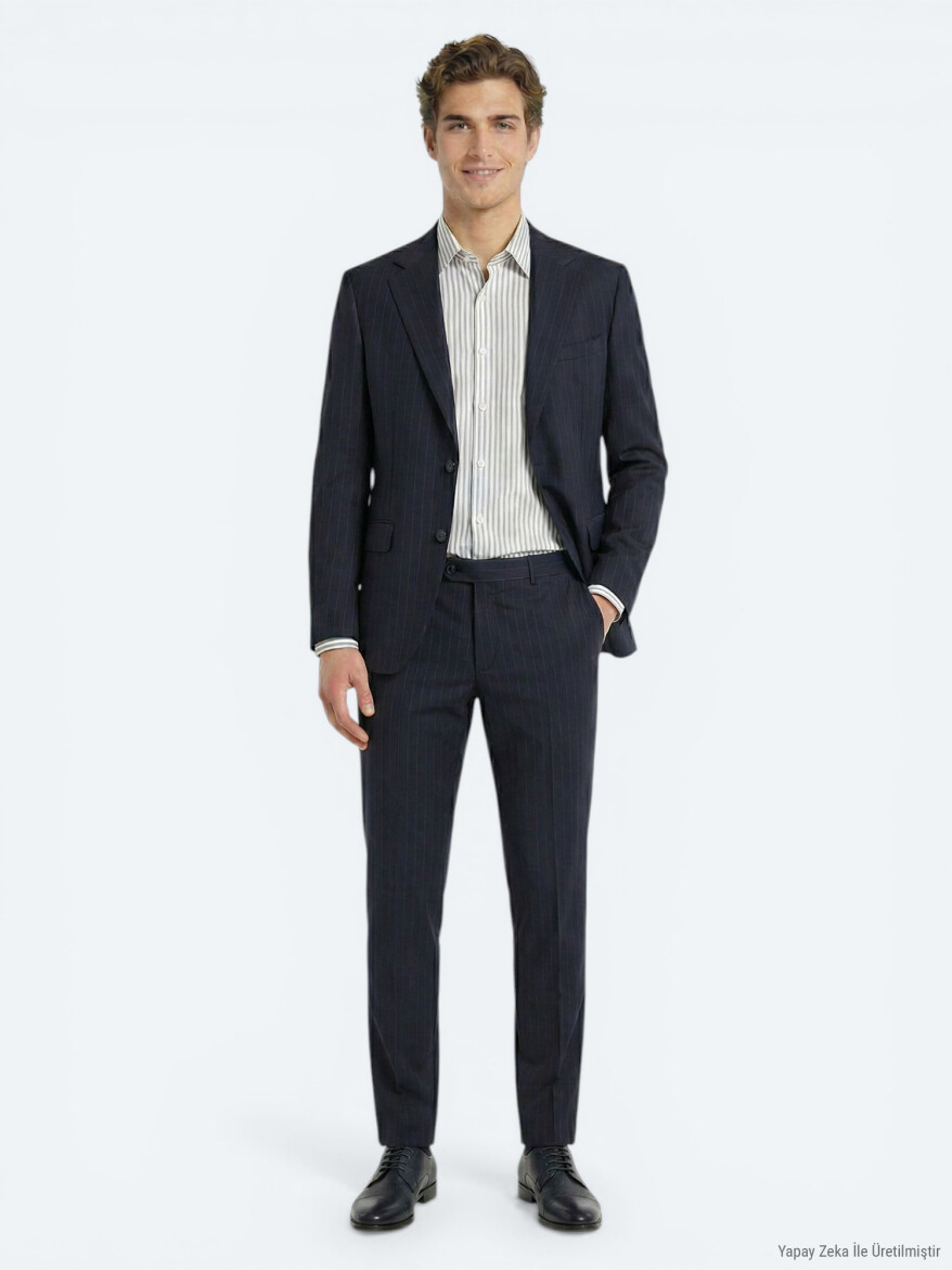 Navy Blue Striped Modern Fit Wool Blended Suit - 4