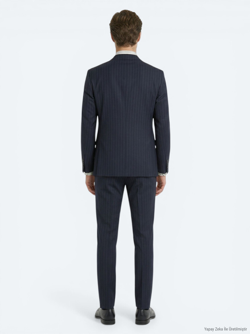 Navy Blue Striped Modern Fit Wool Blended Suit - 5