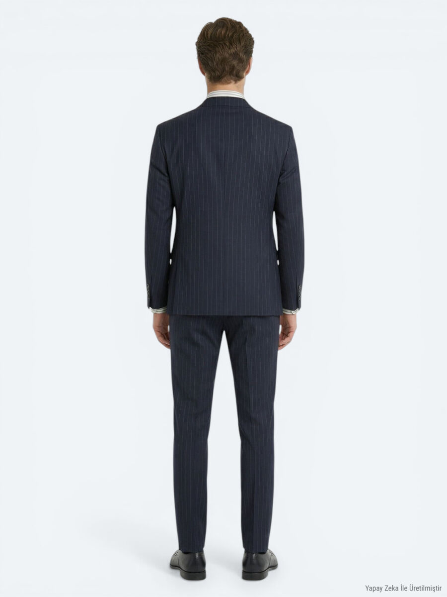 Navy Blue Striped Modern Fit Wool Blended Suit - 5