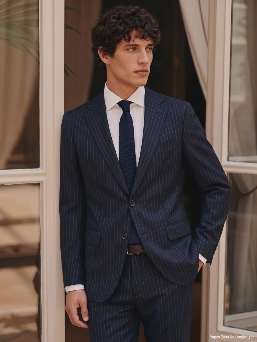 Navy Blue Striped Modern Fit Wool Blended Suit - 2