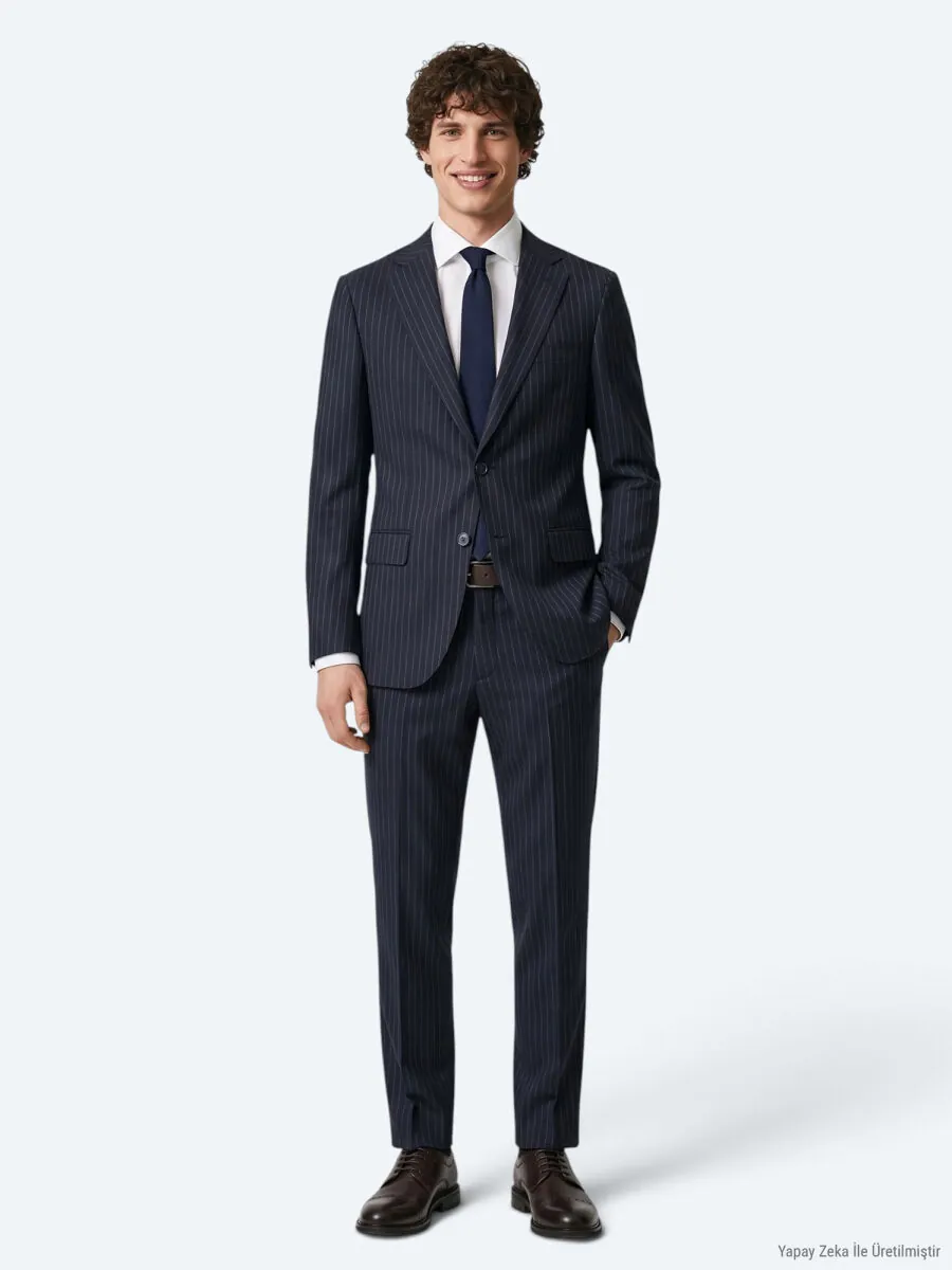 Navy Blue Striped Modern Fit Wool Blended Suit - 3